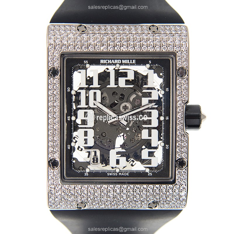 Richard Mille RM016-AJ Replica - Auto - 18kt White Gold - Diamond Case - Black Dial - Rubber Strap